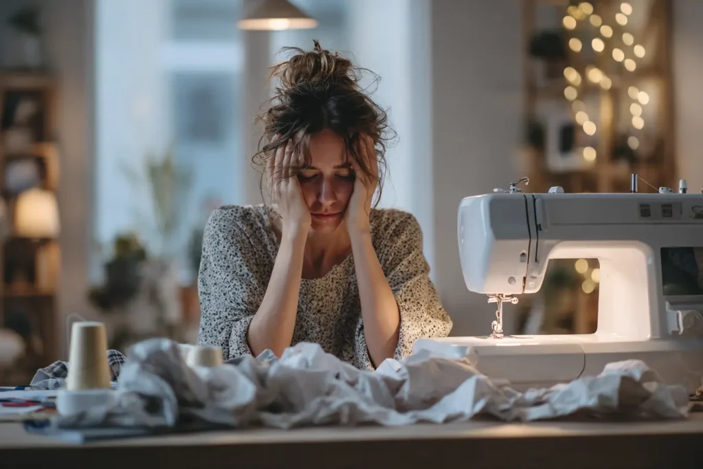 smutna kobieta przy maszynie do szycia